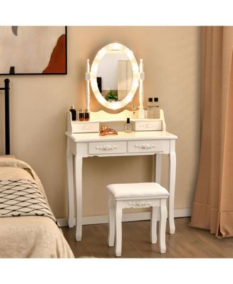 2-Pc MDF 4 Drawers & Dual-Use Desk Makeup Dressing Table with LED Touch Mirror & Cushioned Stool