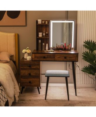 2Pc MDF And Stell Lighted Mirror Vanity Makeup Table Set