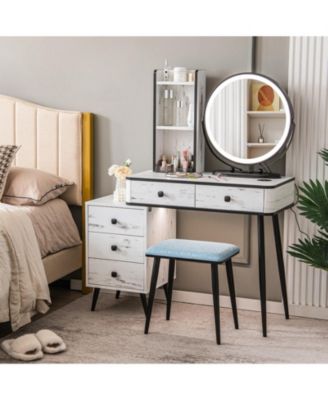 2-Pc. MDF 3-Color Lighted Mirror Vanity Table Set with Cushioned Stool