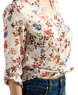 Juniors' Tie-Hem Floral-Print Shirt