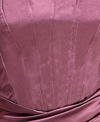 Juniors' Iris Sateen Corset-Bodice Slit Gown