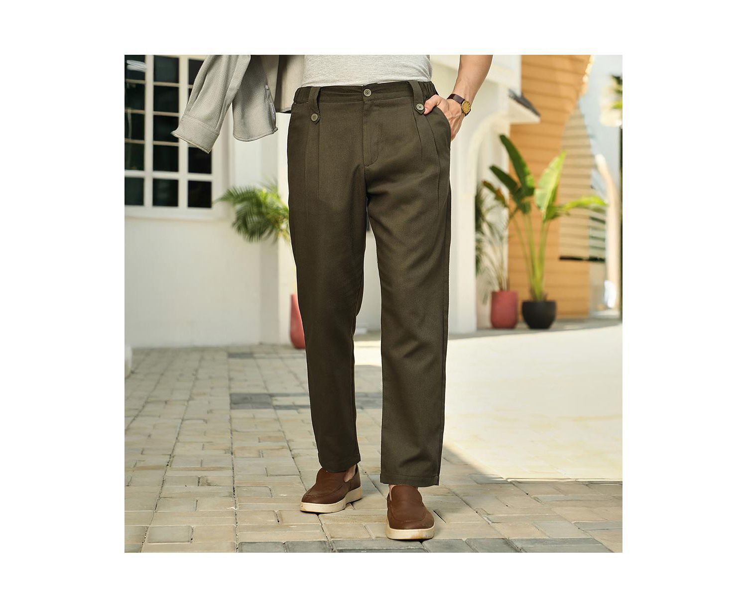 Men's Sacramento Green Ribbed-Pleated Chino Trousers