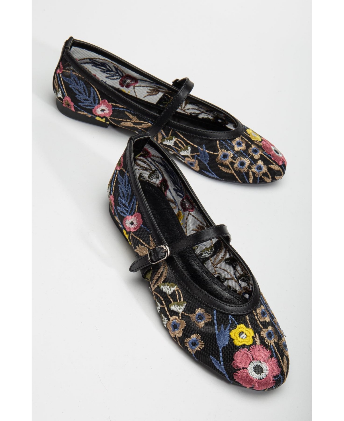 Fauna Mesh Mary Jane Flats - Black faux leather