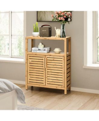 1-Pc Bamboo Floor Cabinet with Double Slatted Doors, Open Shelf and Removable Shelf