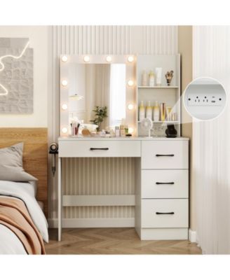 Vanity Desk with 3-Color Lights and Power Outlets