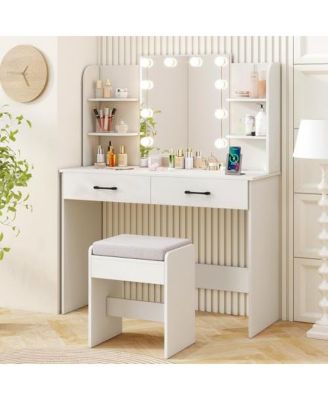 Vanity Set with Lighted Mirror and Stool with Power Outlet