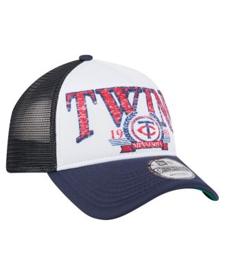 Men's White/Navy Minnesota Twins Distressed 9FORTY A-Frame Adjustable Trucker Hat