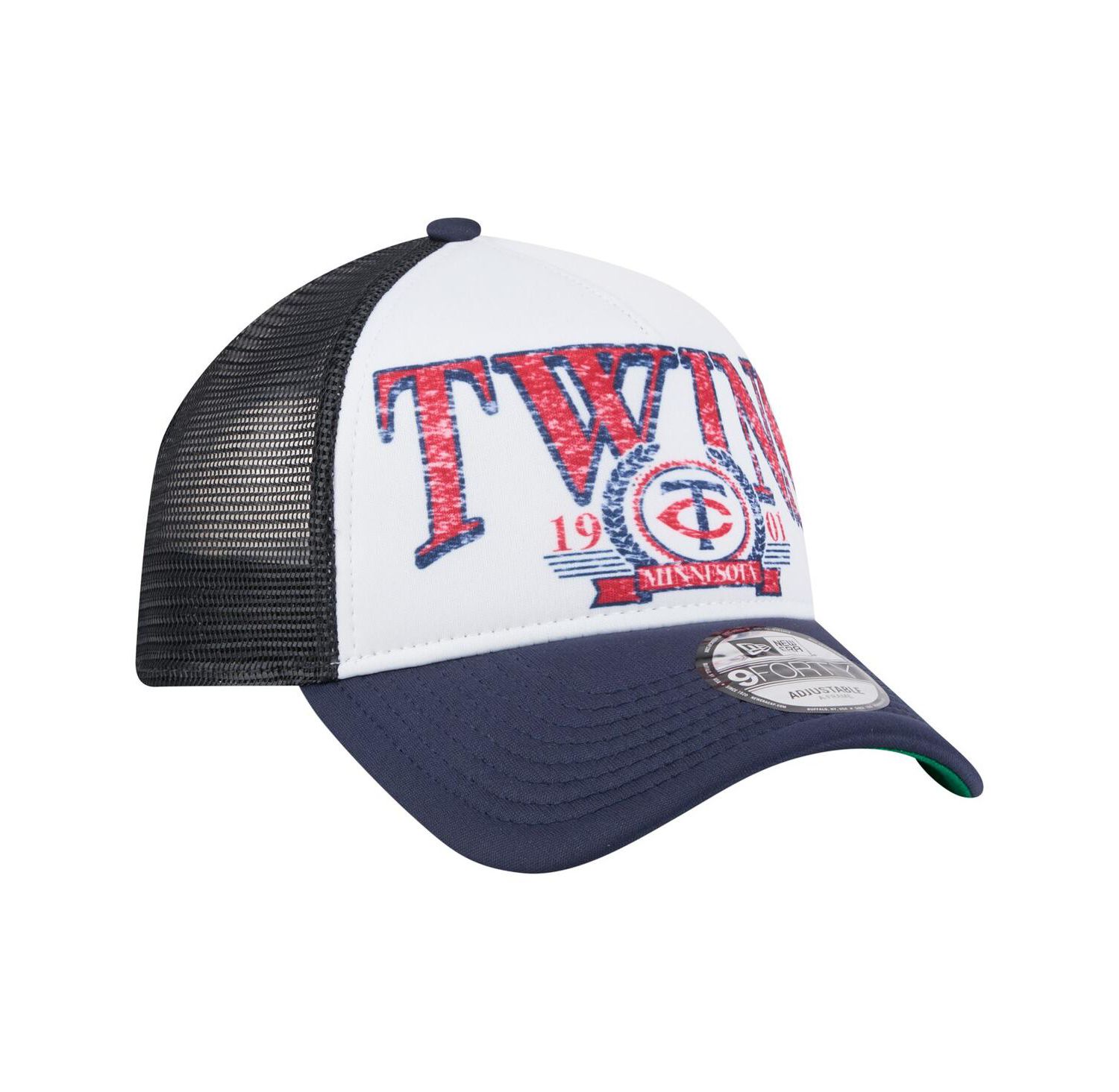 Men's White/Navy Minnesota Twins Distressed 9FORTY A-Frame Adjustable Trucker Hat