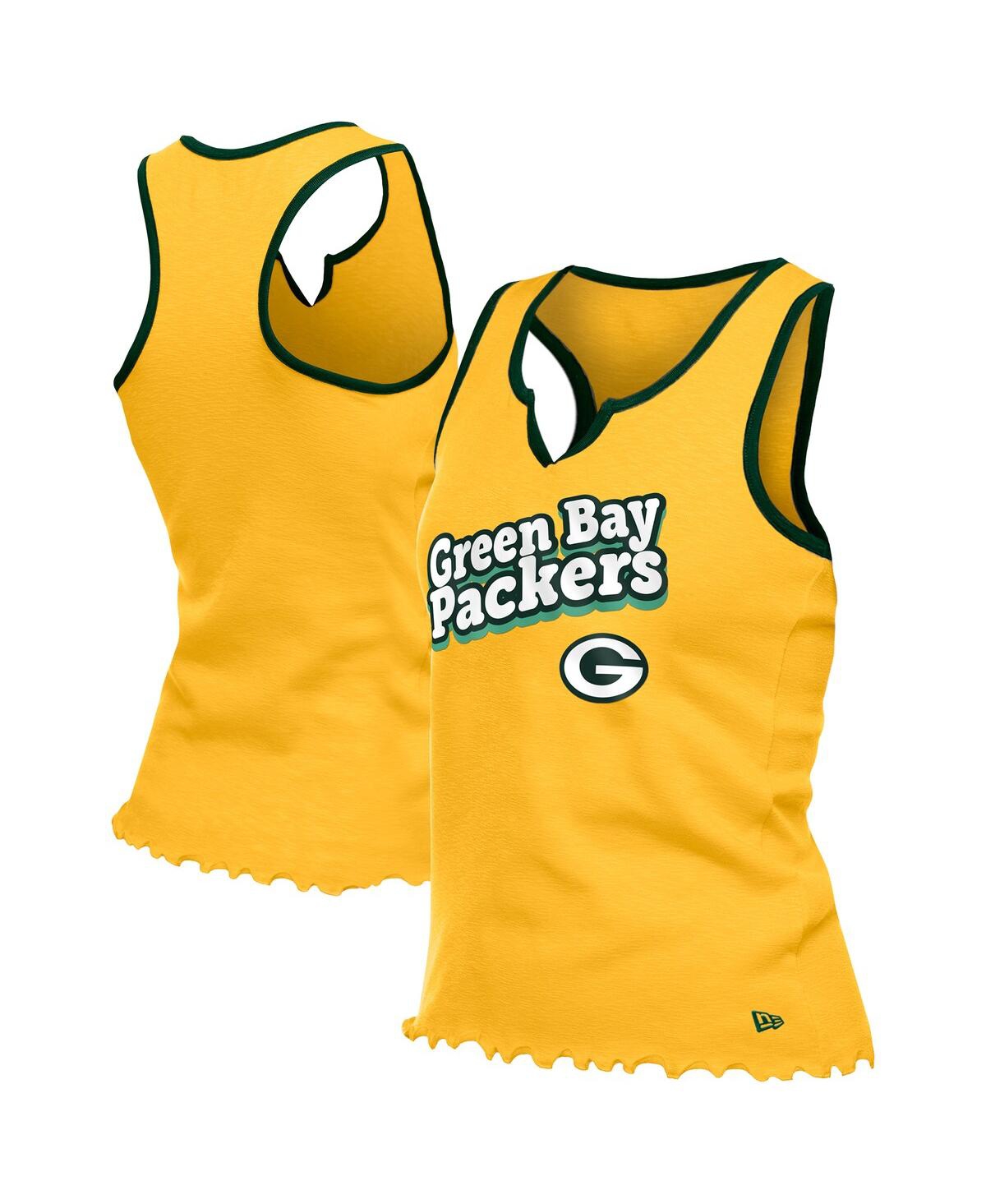 Women's Gold Green Bay Packers Lettuce Hem Notch Neck Tri-Blend Tank Top - Gold