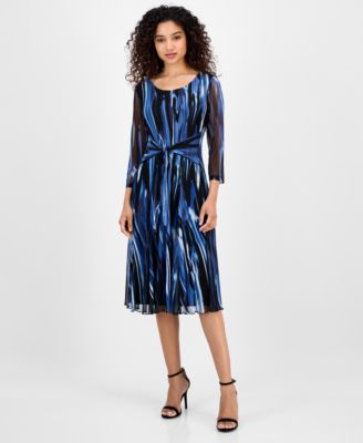 Connected - Women's Printed Tie-Waist Mesh-Sleeve Dress