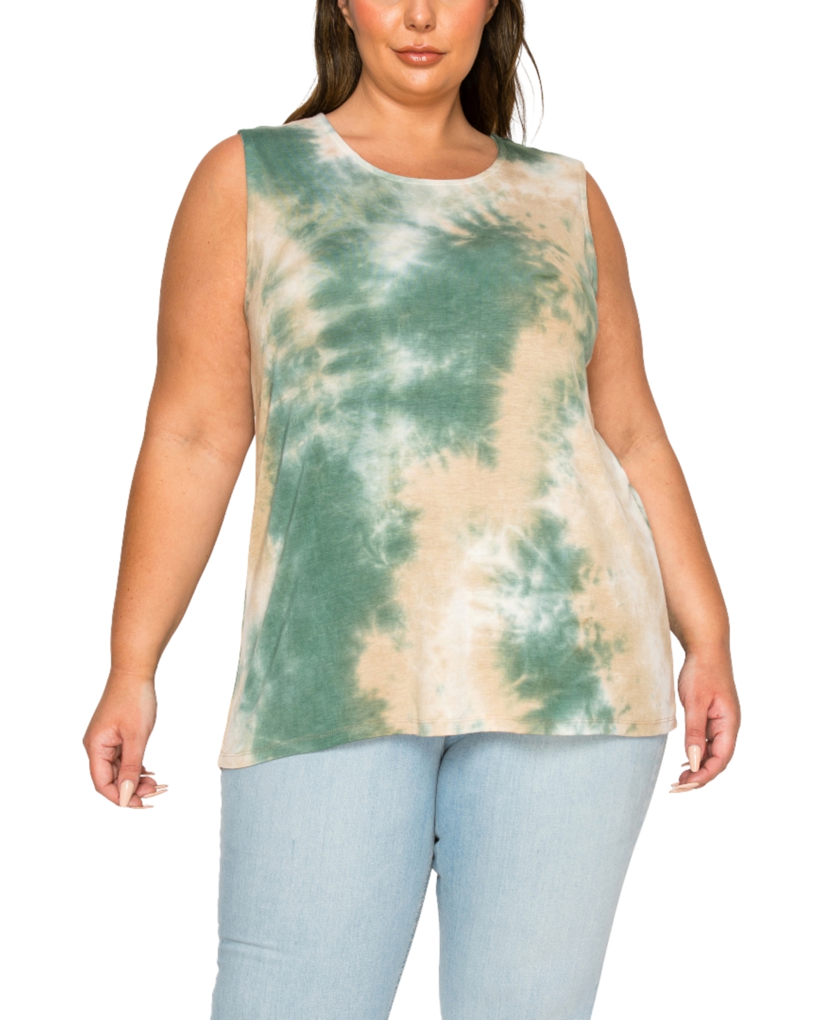 Plus Size Tie Dye Button Back Tank Top - Green, Tan