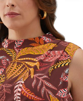 Plus Size Leaf Print Belted Sleeveless Dress