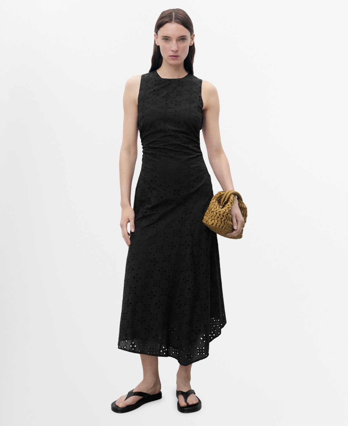 Mango Eyelet Gathered Cinched Waist A Line Dress With Cut Out Back Detail