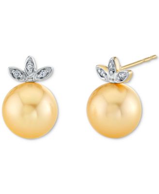 Macy's - Cultured Golden South Sea Pearl (9mm) & Diamond Accent Stud Earrings In 14k Yellow & White Gold