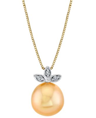 Macy's - Cultured Golden South Sea Pearl (10mm) & Diamond Accent 18" Pendant Necklace in 14k Yellow Gold & 14k White Gold