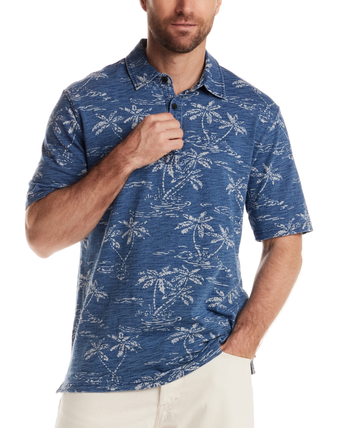 Men's Short Sleeve Tropical Print Polo Shirt - Dark Indigo
