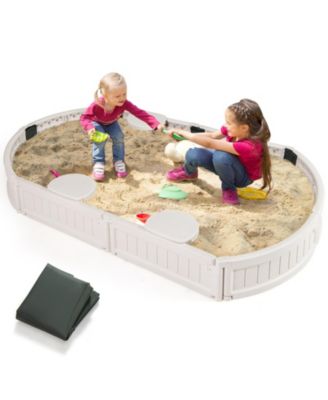6 Feet Kids Oval Sandbox with Built-in Corner Seat and Bottom Liner