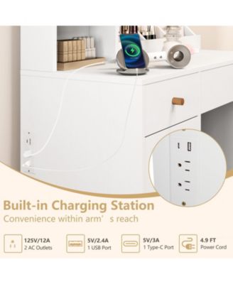 3-Color LED Mirror, Charging Station & Storage Compartments Vanity Dressing Table & Stool Set