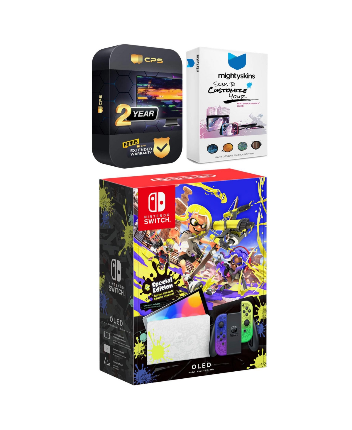 Nintendo Switch Oled Console Splatoon 3 Special Edition with MightySkins Console and Controller Skin Voucher and Year Cps Extended Warranty