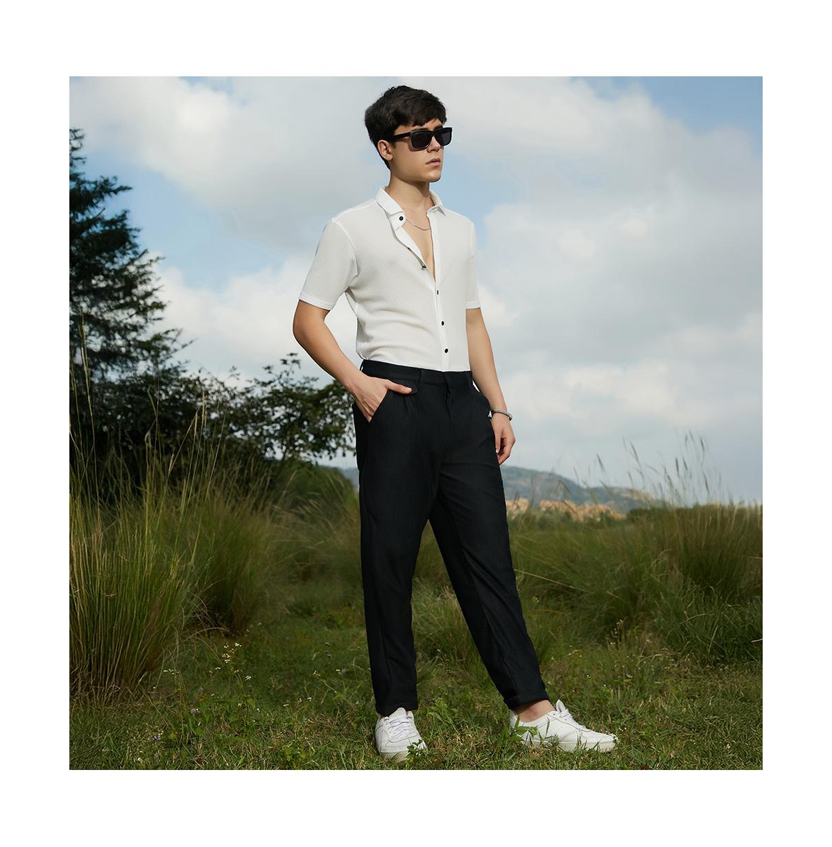 Campus Sutra Men's Midnight Black Corduroy Tailored Trousers