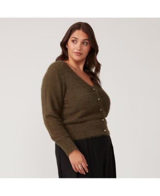 Plus Size Camille Pearl Green V-Neck Button-Up Cardigan