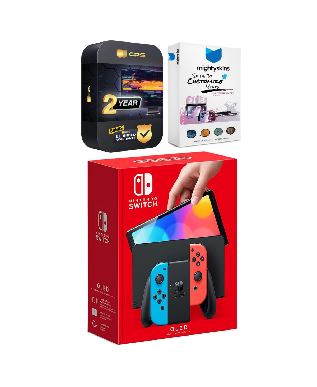 Nintendo Switch Neon Red & Blue Oled Console with MightySkins Console and Controller Skin Voucher and 2 Year Cps Extended Warranty
