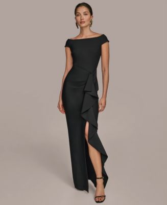 princess polly baby blue dress Donna Karan New York Women's Boat Neck Ruffle Slit Gown