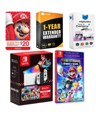 Switch OLED Console Mario Kart 8 Bundle with Mario + Rabbids Sparks of Hope Cosmic Edition, Nintendo $20 eShop Gift Card, MightySkins Console