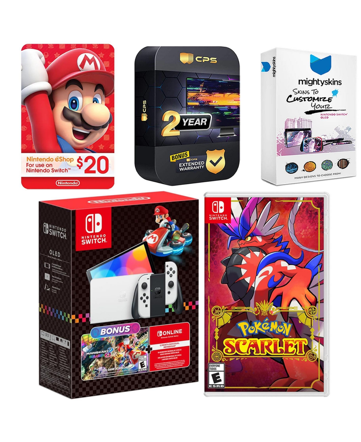 Nintendo Switch Oled Console Mario Kart 8 Bundle with Pokemon Scarlet, Nintendo $20 eShop Gift Card, MightySkins Console and Controller Skin Voucher