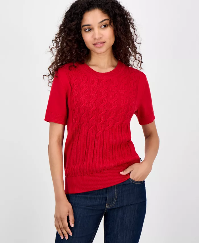 Nautica Women's Cotton Cable-Knit Short-Sleeve Sweater