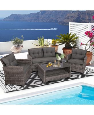 4PC Rattan Patio Conversation Set Cushioned Outdoor Furniture Set