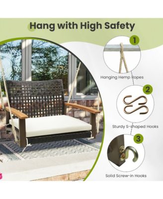 Rattan Porch Swing Patio Wicker Single Hanging Seat w/ Seat Cushion & Acacia Wood Armrests