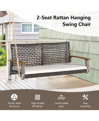2-Seat Rattan Porch Swing Chair Outdoor Wicker Swing Bench W/ Seat Cushion Red