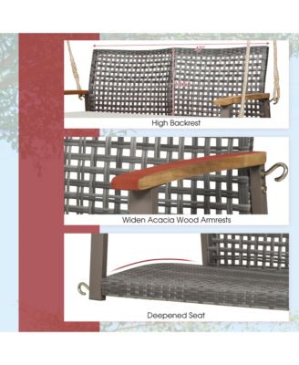 Rattan Patio Porch Swing 2-Person Cushioned Swing Chair Bench w/ Hanging Ropes