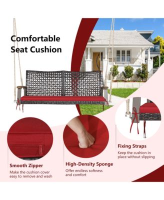 2-Seat Rattan Porch Swing Chair Outdoor Wicker Swing Bench W/ Seat Cushion Red