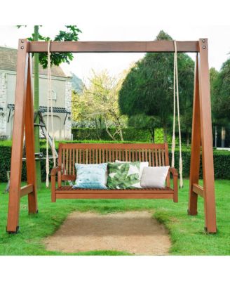 2-Seat Patio Hanging Wooden Porch Swing Bench w/ Cushion & Hanging Ropes