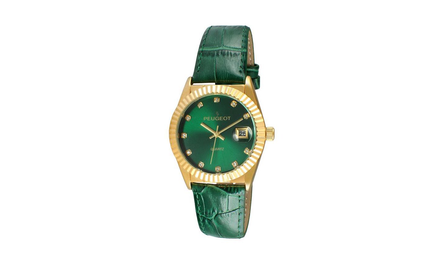 Женские часы Peugeot Green 36mm Fluted Bezel Watch with Leather Strap — фото 1