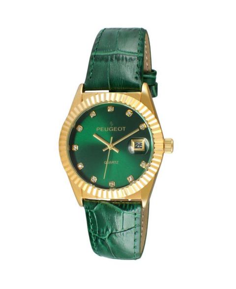 Женские часы Peugeot Green 36mm Fluted Bezel Watch with Leather Strap