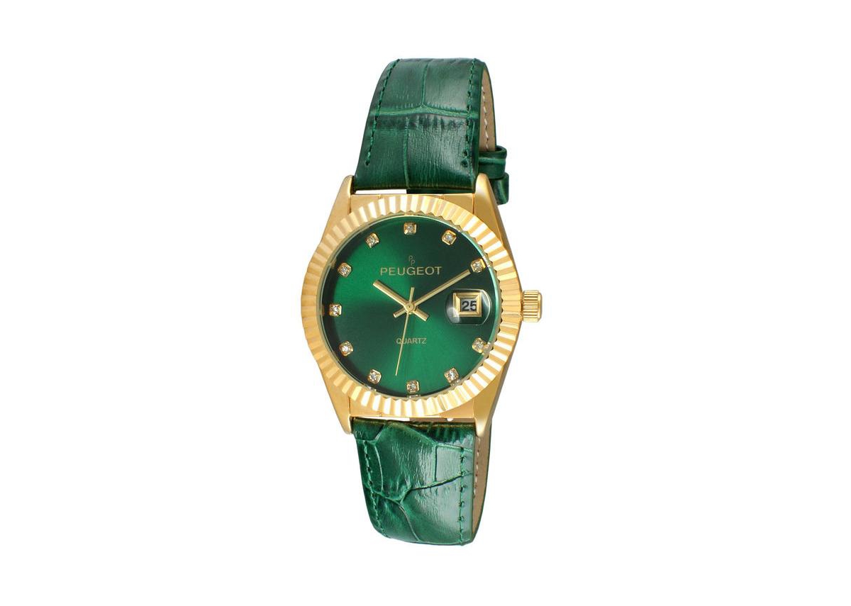 Women's Green 36mm Fluted Bezel Watch with Leather Strap