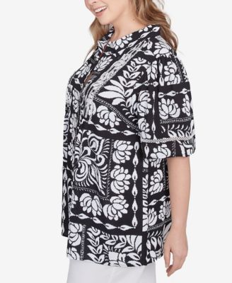 Plus Size Lotus Patchwork Button Front Camp Shirt