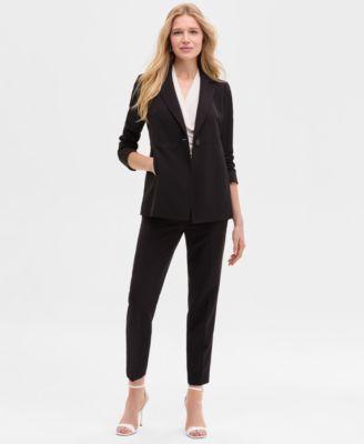 Anne Klein Womens Notch Collar One Button Jacket Sleeveless Shirred Surplice Top Fly Front Side Tab Straight Pa