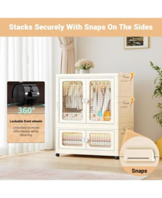 Stackable Storage Bins, Plastic Collapsible Storage Containers with Doors, Wheels and Hanging Rods, Large Lidded Closet Organizers Cabinet for Home Office