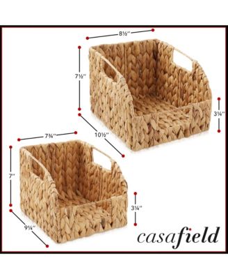 (Set of 2) Water Hyacinth Pantry Baskets with Handles - Natural, Medium and Large Size Woven Storage Baskets for Kitchen Shelves