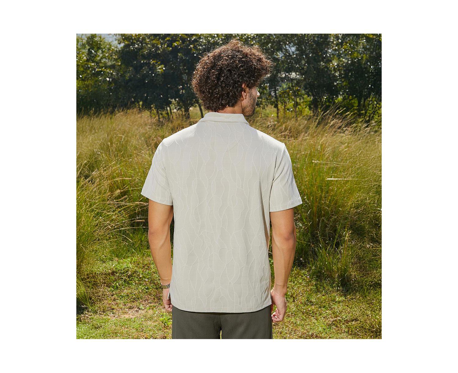 Men's Cream White Veined-Tactile Polo T-Shirt
