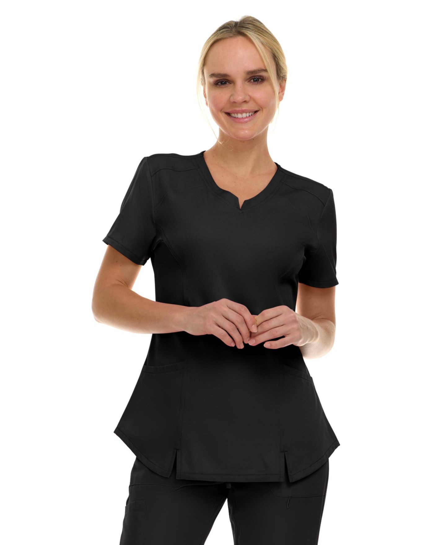 Женский топ Medichic Scrubs V-Neck Notch Fashion Stretch Scrub with Two Pockets, Flex Easy Care Fabric, Bubble Gum, Large, цвет: Чёрный — фото 1
