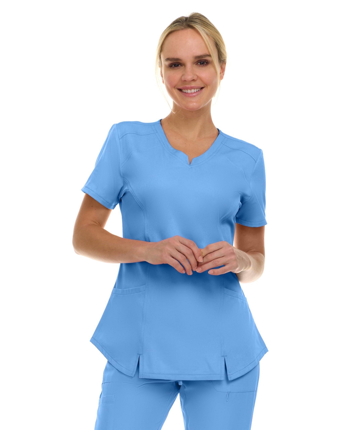 Women's Scrubs V-Neck Notch Fashion Stretch Scrub Top with Two Pockets, Flex Easy Care Fabric, Bubble Gum, Large - Bubble gum