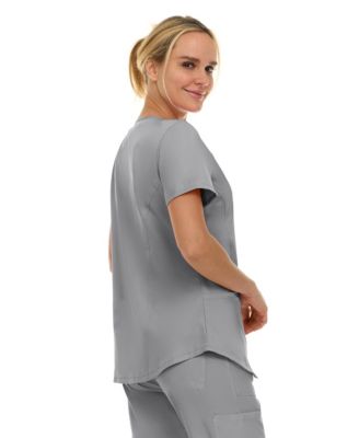 Women's Scrubs V-Neck Notch Fashion Stretch Scrub Top with Two Pockets, Flex Easy Care Fabric, Bubble Gum, Large