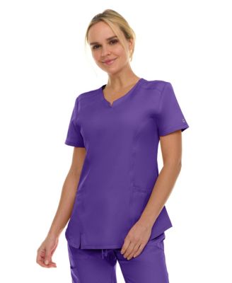 Women's Scrubs V-Neck Notch Fashion Stretch Scrub Top with Two Pockets, Flex Easy Care Fabric, Bubble Gum, Large