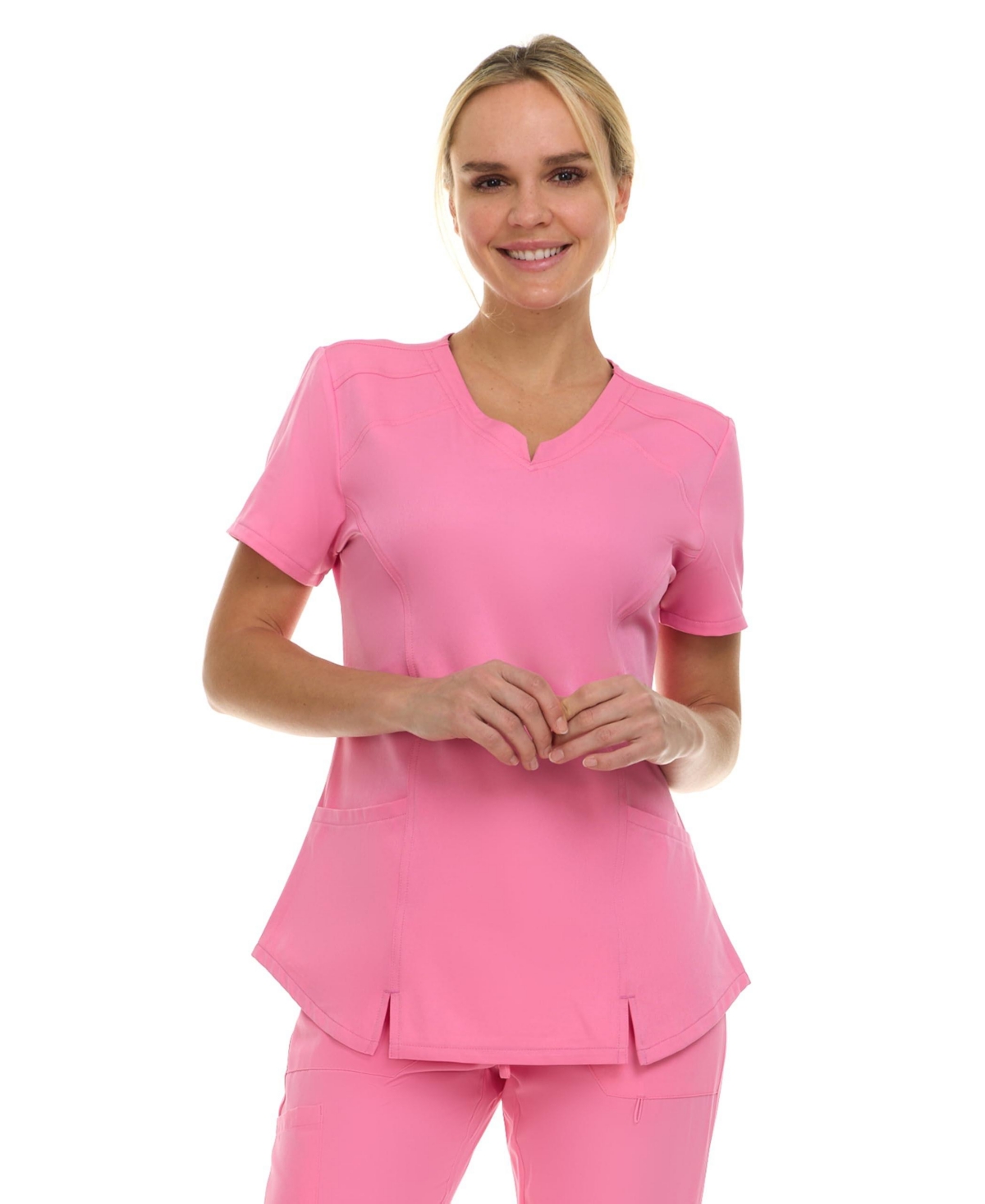 Women's Scrubs V-Neck Notch Fashion Stretch Scrub Top with Two Pockets, Flex Easy Care Fabric, Bubble Gum, Large - Bubble gum