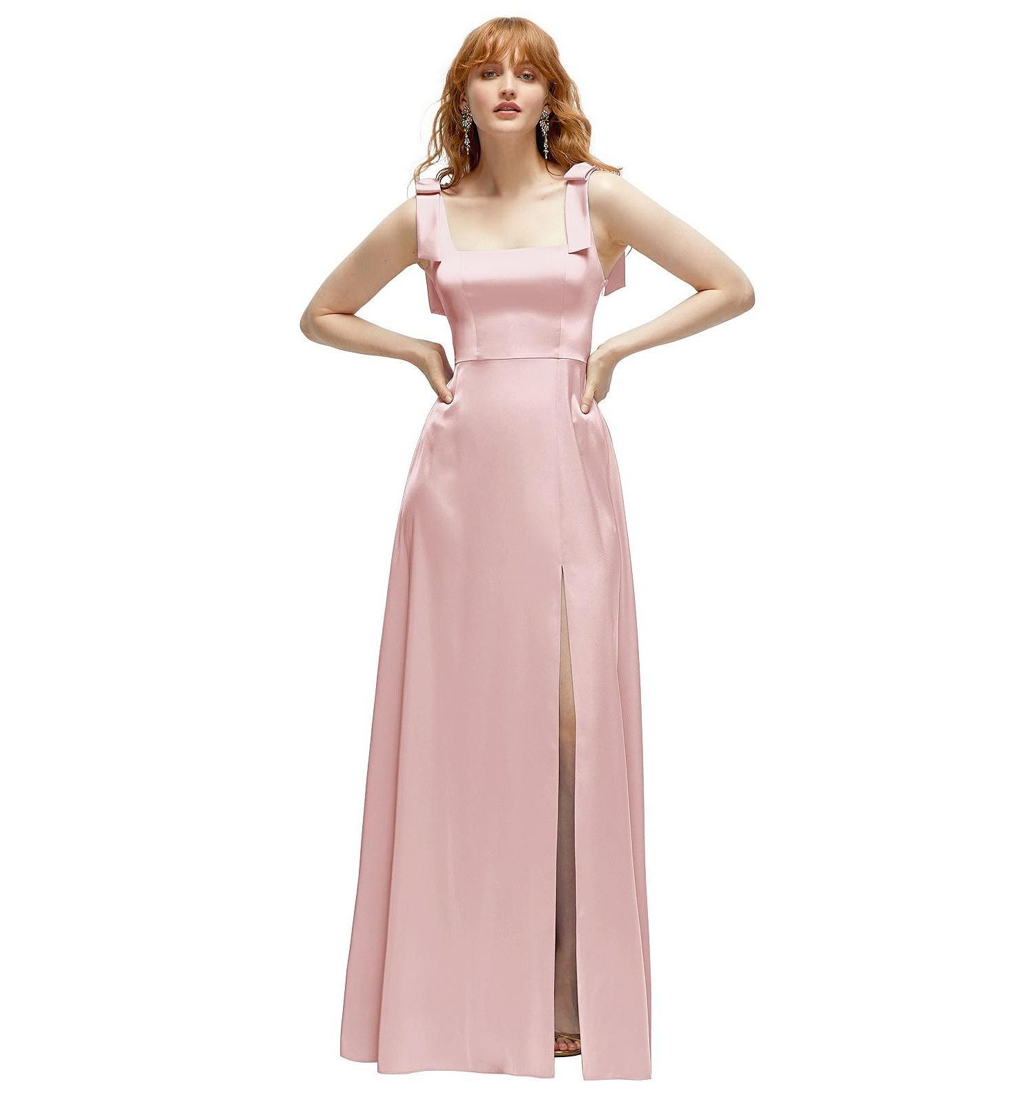 Women's Square Neck Fluid Satin Maxi Dress with Bow Straps